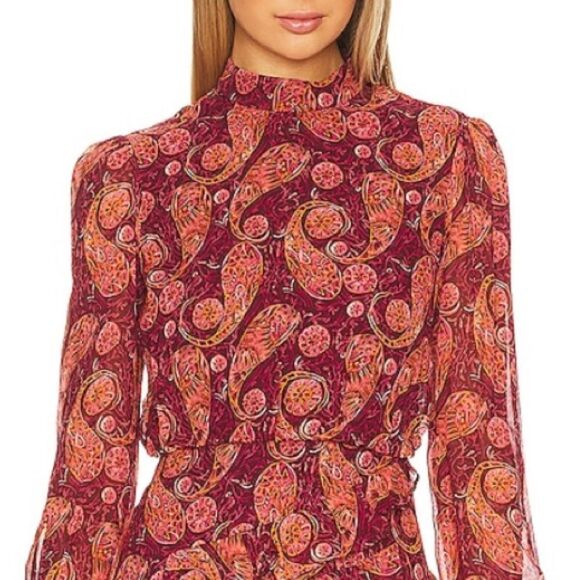 NWT Saloni Isa Ruffle Dress in Ruby Paisley Size 2 Revolve - Picture 3 of 14